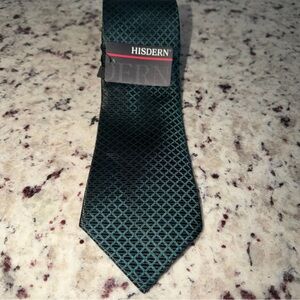 NWT HISDERN Geo Revolution Hunter Green Silk Tie New Modern Hand Made 3.25” Mens